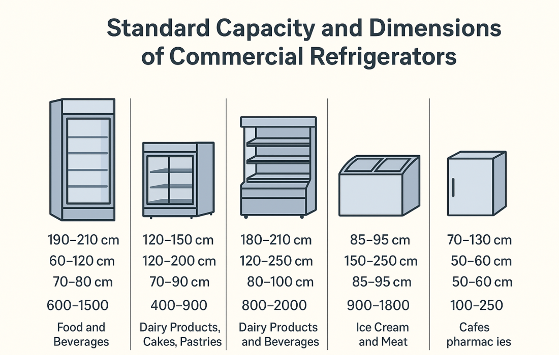 ظرفیت و ابعاد استاندارد یخچال فروشگاهی؛ راهنمای انتخاب دقیق برای فروشگاهها و هایپرمارکتها